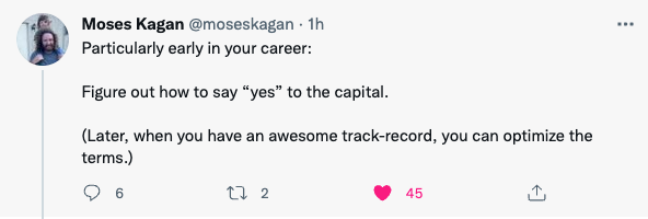 Tweet from Moses Kagan talking about saying "yes" to capital.